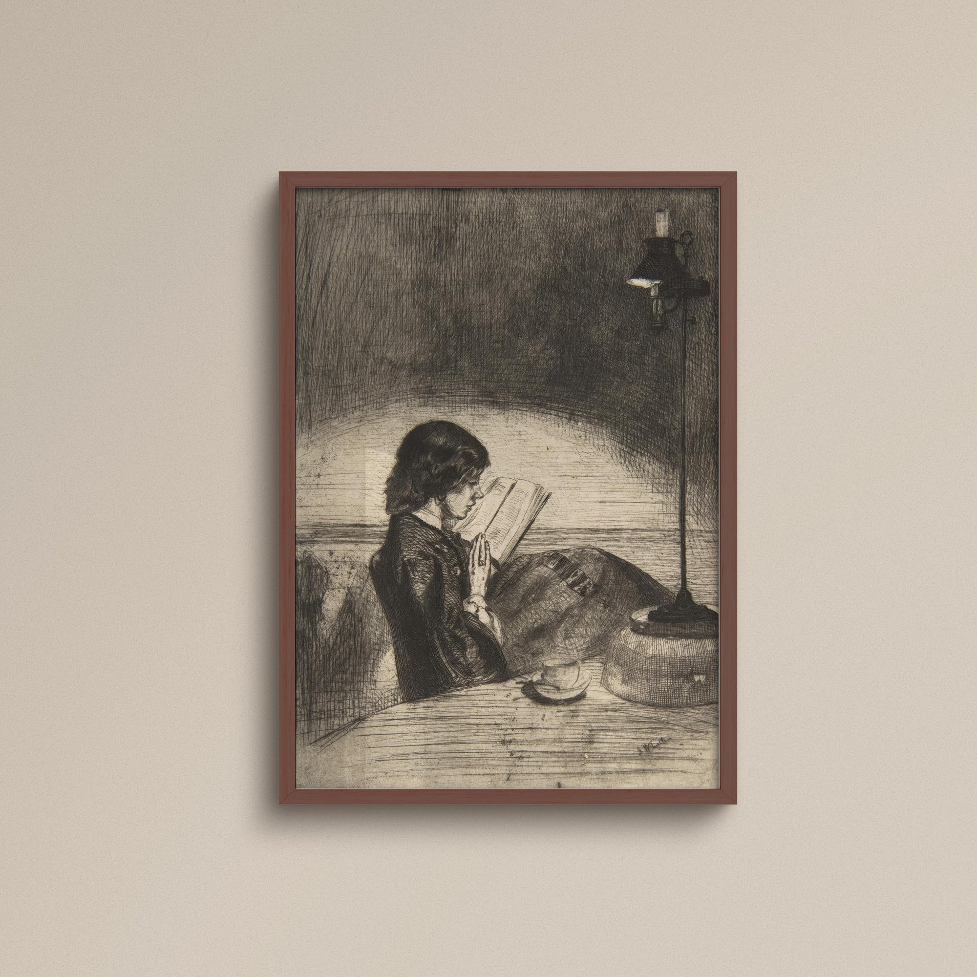 038. Woman Reading by Lamp Print